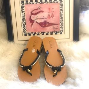 GUESS Flip Flops. Size 9.  Black with pearl/diamanté detail & diamanté “G”.